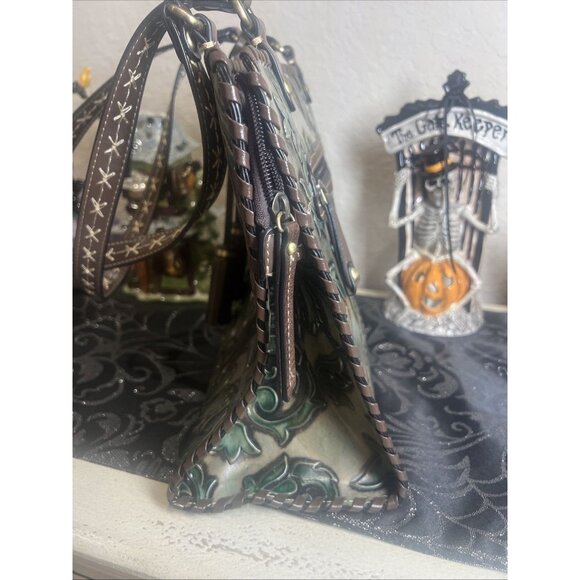 Madi Claire MC Genuine Leather Green Ivy Embossed Shoulder Bag Tassel EUC - Picture 3 of 12